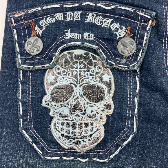 LAGUNA BEACH JEANS Skull Pockets Dark Wash Low Rise Size 26 (Missing 1 Button) - Picture 3 of 11